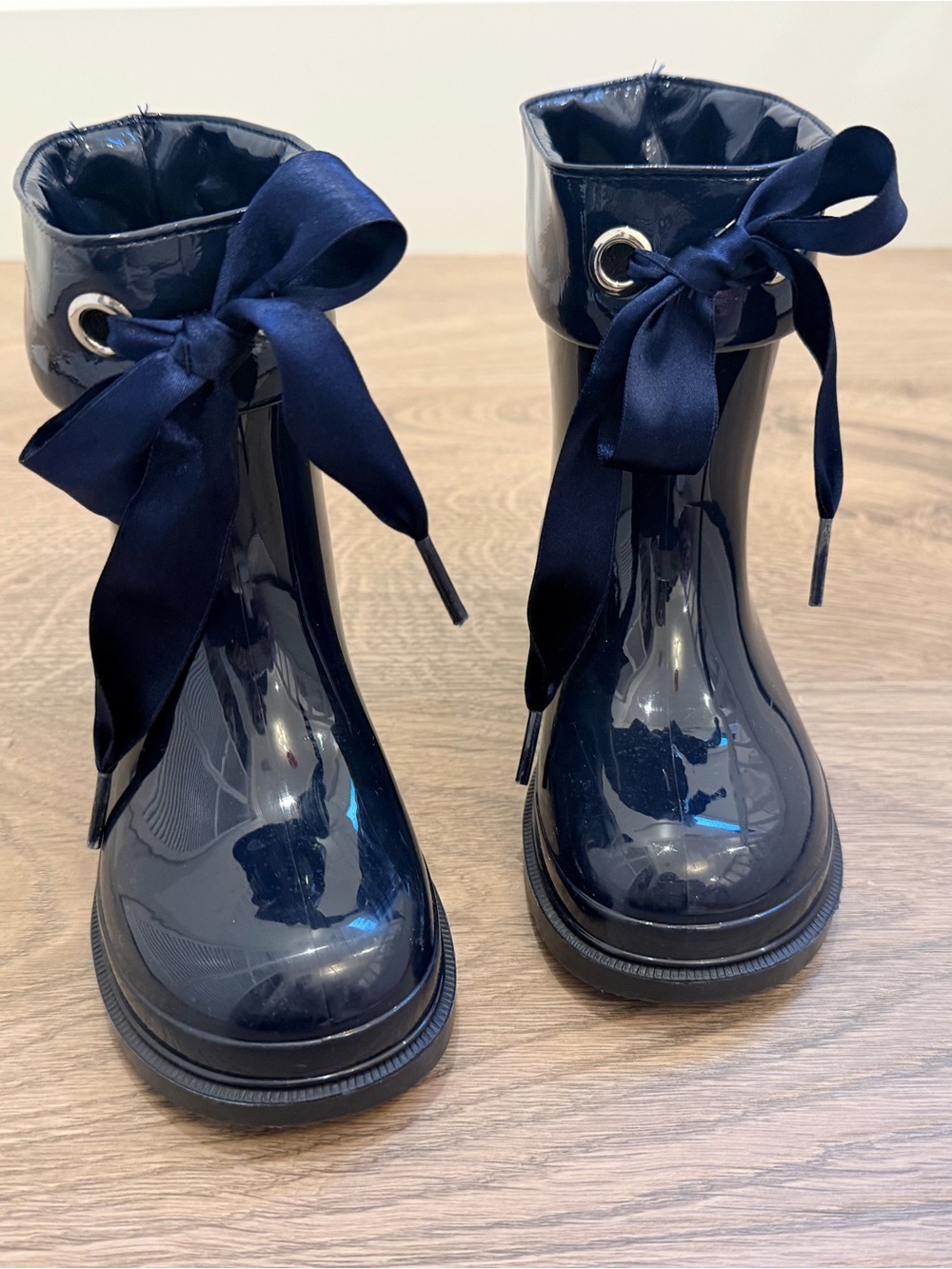 Navy Gloss Rain Ankle Boots with Satin Ribbon for toddler girl